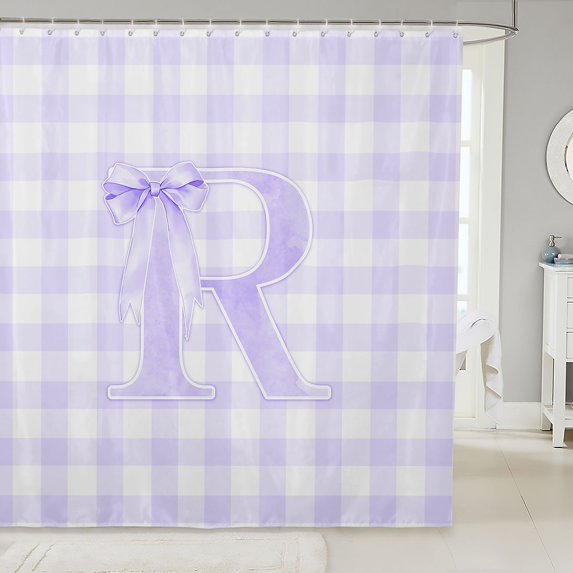 Manfei Purple Geometric Gingham Letter R Shower Curtain 72Wx78L,Personalized Monogrammed Gifts Bath Curtain