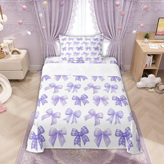 Manfei Purple Gingham Bow Print Twin Sheet Sets for Girls, Cute Ribbon Bows Bedding, 3pcs