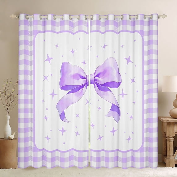 Manfei Purple Gingham Bow Sparkle Print Curtains Pack of 2 (42x84 Each), Lavender Check Curtains Blackout for Girls Women