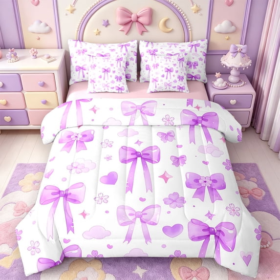 Manfei Purple Girly Bowtie 7-Piece King Bedding,Ribbon Bow King Bed in a Bag,Pink Reversible