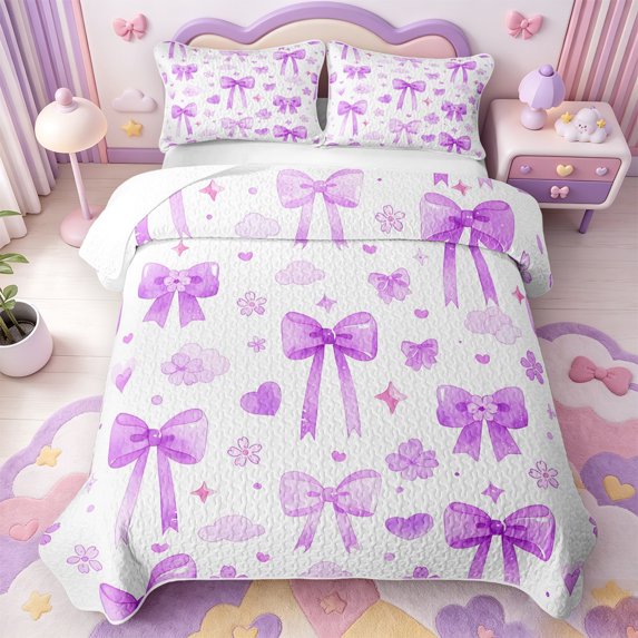 Manfei Purple Girly Bowtie Quilt Full,Ribbon Bow Full Bedspread Sets,3 Pieces,1 Coverlet and 2 Pillowcases
