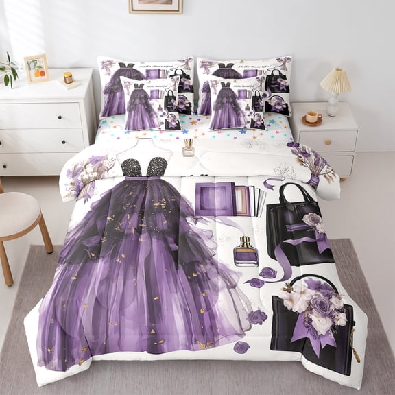 Manfei Purple Girly Dress 7-Piece Bedding Comforter Set,Women Perfume Bags King Bedding Sets,Romantic Flower Floral Bed Sheets For Princess,Microfiber Bedroom Decor Reversible