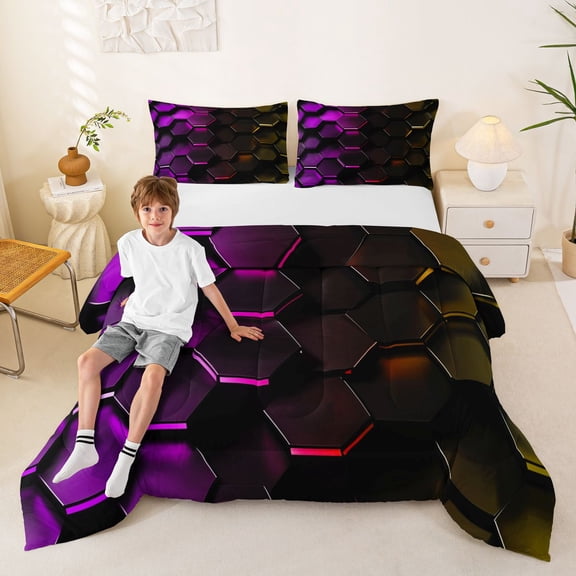 Manfei Purple Gold Neon Honeycomb Full Size Comforter Sets, Glowing 3D Hexagon Bedding Comforter Set, Black Reversible 3-Piece, 1 Comforter and 2 Pillowcases