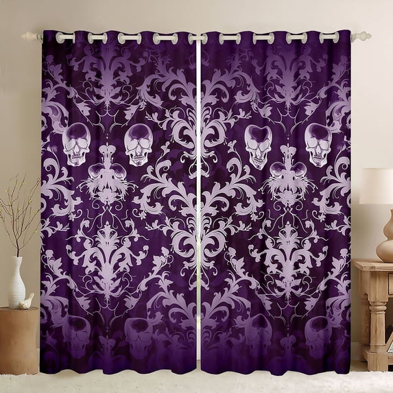 Manfei Purple Gothic Skull Curtains Pack of 2 (42x84 Each) for Boys Girls,Bohemian Damask Curtains Blackout,Exotic Style Bedroom Curtains,Luxury Bedroom Decor