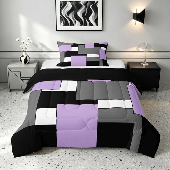 Manfei Purple Gray Square Twin Comforter Sets, Minimalism Geometric Grid Bedding Set, Black Reversible 2 Pieces, 1 Comforter and 1 Pillowcase