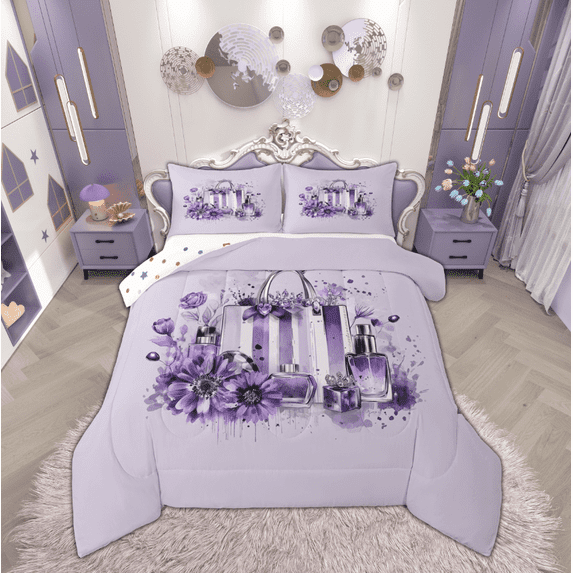 Manfei Purple Groovy Floral Full Size Comforter Sets for Teens, Princess Fashion Bedding Comforter Set, Female Perfume Bag Reversible Bedding Sets, Luxury Bedroom Decor, 3 Pieces