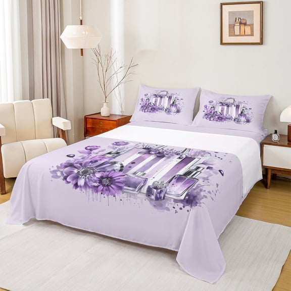 Manfei 4-Piece Purple Groovy Floral Queen Sheet Set, Teens Princess Perfume