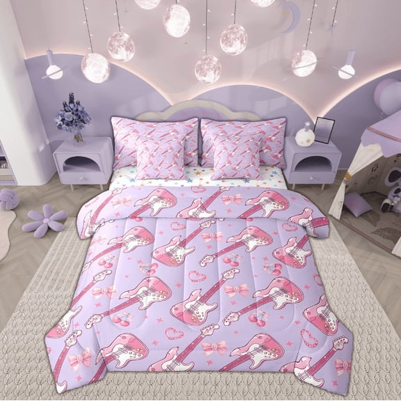 Manfei Purple Guitar Music Bedding Sets Twin Size, Cherry Bow Bed in a Bag Twin size, Cartoon Love Heart Reversible Comforter Sets with Sheets, Lightweight Room Decorative, 7pcs