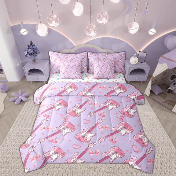 Manfei Purple Guitar Music Bedding Sets Twin Size, Cherry Bow Bed in a Bag Twin size, Cartoon Love Heart Reversible Comforter Sets with Sheets, Lightweight Room Decorative, 7pcs