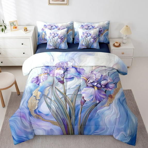Manfei Purple Iris 7-Piece Twin Bedding Sets,Watercolor Marble Bedding Comforter Set,Gradient Ombre Breathable Sheet Sets,Super Cozy Floral Room Decor,Reversible