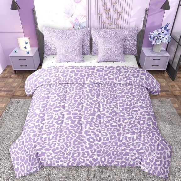 Manfei Purple Leopard Hide 7 Pieces Bedding Comforter Set,Jungle Cheetah Print Full Bedding Set,Wildlife Animal Pattern Fitted Sheet Flat Sheet For Teens,Microfiber Bedroom Decor Reversible