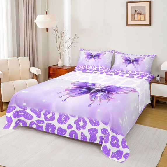 Manfei Purple Leopard Hide Bed Sheets,Cute Butterflies King Sheets,Wildlife Animal Pattern Sheet Set For Teens,Microfiber Bedroom Decor,4 Pieces
