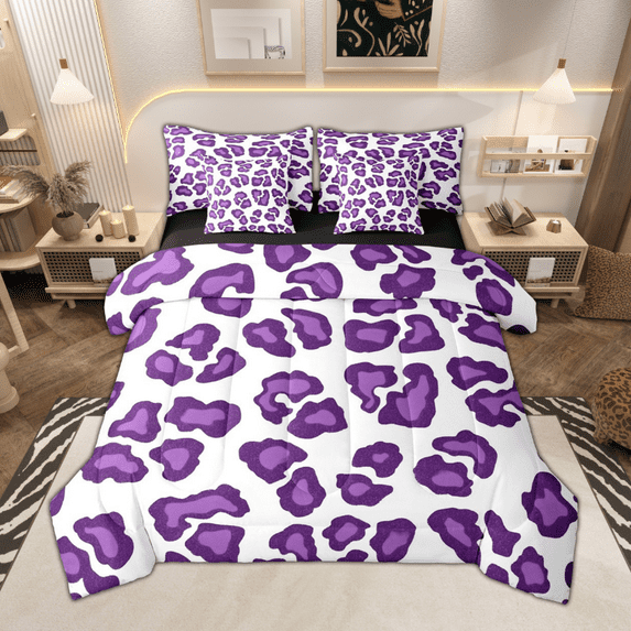 Manfei Purple Leopard Print Bedding Comforter Set 7 Pieces for Girls, Cheetah Print Queen Bedding Sets, Cartoon Animal Theme Queen Sheet Sets, Microfiber Bedroom Decor