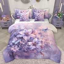 Manfei Purple Lily Flower Twin Bedding Sets 7-Piece for Women, Kawaii Butterfly Animal Bedding Comforter Set, Western French Style Reversible Sheet Sets, Luxury Bedroom Decor