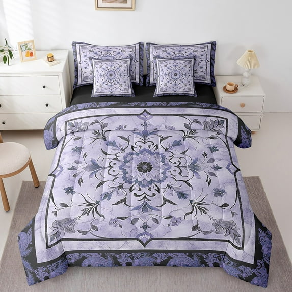 Manfei Purple Mandala 7pcs Bedding Comforter Set,Bohemian Theme Queen Bedding Sets Super Cozy,Exotic Style Queen Sheet Sets,Super Cozy Teens Bedroom Decor,Reversible