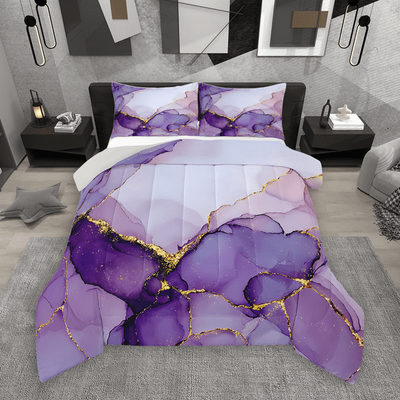 Manfei Purple Marble Full Size Comforter Sets 3-Piece, Abstract Watercolor Art Bedding Comforter Set, Marbling Stone Pattern Bedding Sets, Luxury Bedroom Decor