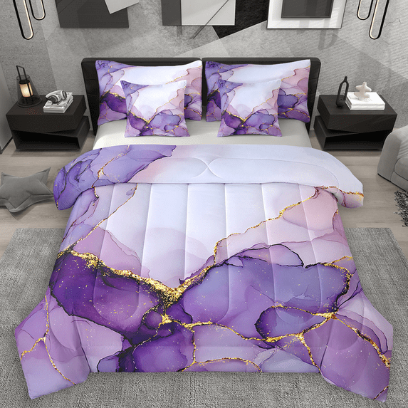 Manfei Purple Marble Twin Bedding Sets 7pcs, Abstract Watercolor Art Bedding Comforter Set, Marbling Stone Pattern Sheet Sets, Luxury Bedroom Decor