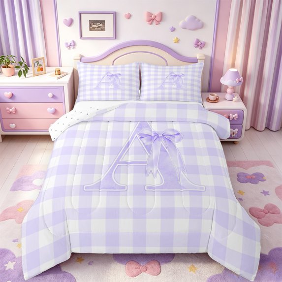 Manfei Purple Monogrammed A Design Full Size Comforter Sets,Geometric Grid Print Bedding Comforter Set,Reversible,3 Pieces,1 Comforter and 2 Pillowcases