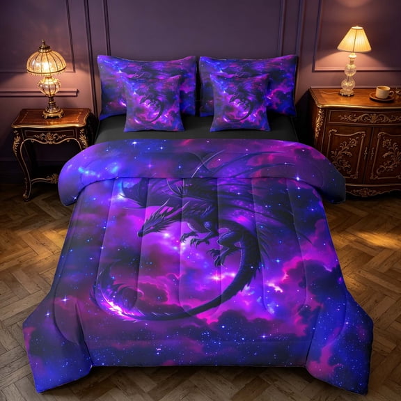 Manfei Purple Neon Dragon Animals 7-Piece Twin Bedding,Celestial Galaxy Bedding Comforter Set,Black Reversible