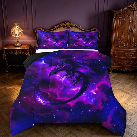 Manfei Purple Neon Dragon Animals King Size Comforter Sets,Celestial Galaxy Comforters King Size,Black Reversible,3pcs,1 Comforter and 2 Pillowcases