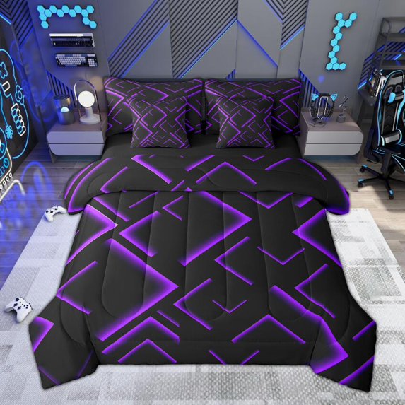 Manfei Purple Neon Light Twin Bedding Sets 7-Piece, Geometric Minimalist Bedding Comforter Set, Black Reversible Sheet Sets, Microfiber Bedroom Decor