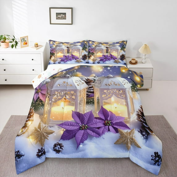 Manfei Purple Poinsettia Bedding Comforter Set,Merry Xmas Twin Comforter Sets,Winter Theme Bedding Set For Girls,Breathable Home Decor Reversible,2-Piece