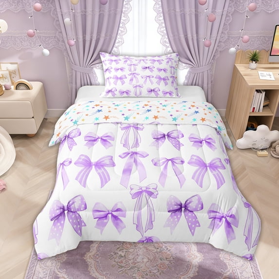 Manfei Purple Polka Dot Bow Print Twin Comforter Sets for Girls, Cute Ribbon Bows Bedding Set, Colorful Stars Reversible, 2-Piece