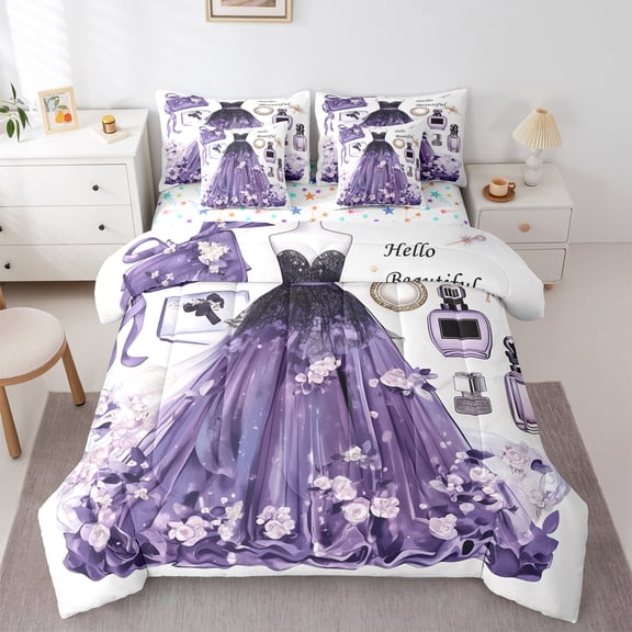 Manfei Purple Princess Dress 7-Piece Twin Bedding Sets,Hello Beautiful Bedding Comforter Set,Cute Flower Girl Perfume Sheet Sets For Kids,Breathable Home Decor Reversible