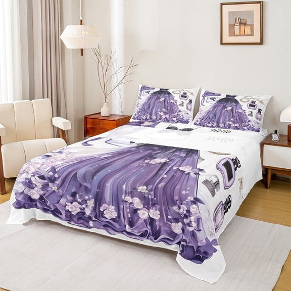 Manfei Purple Princess Dress Twin Sheet Sets,Hello Beautiful Twin Fitted Sheet,Cute Flower Girl Perfume Flat Sheet For Kids,Breathable Home Decor,3pcs
