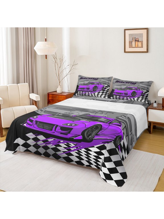 Purple Racing Car Twin Sheet Sets 3pcs for Boys, Speed Sports Car Twin Fitted Sheet, Black White Plaid Flag Flat Sheet, Breathable Home Decor