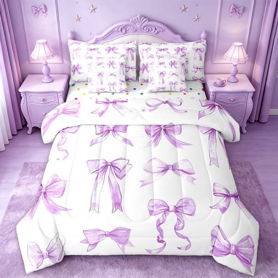 Manfei Purple Ribbon Bow 7pcs Bedding Comforter Set For Girls,Kawaii Dreamy Bowtie Pattern Queen Bedding Sets,Reversible