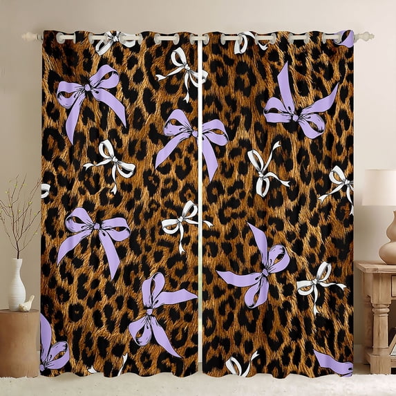 Manfei Purple Ribbon Bow Tie Curtains Pack of 2 (42x84 Each) for Girls Female,Kids Teens Vintage Leopard Print Curtains Blackout,Lightweight Room Decor