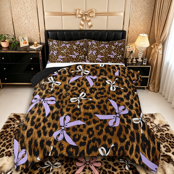Manfei Purple Ribbon Bow Tie Full Size Comforter Sets 3 Pieces for Girls Female,Kids Teens Vintage Leopard Print Bedding Sets,Black Reversible,Lightweight Room Decor