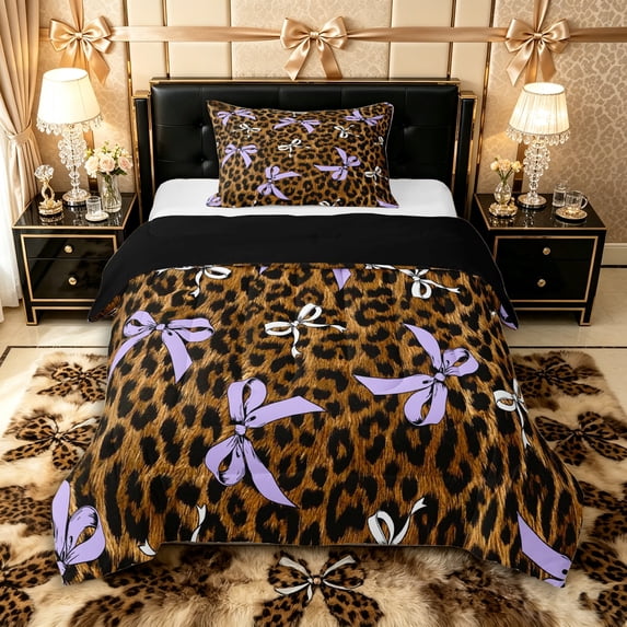 Manfei Purple Ribbon Bow Tie Twin Comforter Sets 3-Piece for Girls Female,Kids Teens Vintage Leopard Print Bedding Set,Black Reversible,Lightweight Room Decor