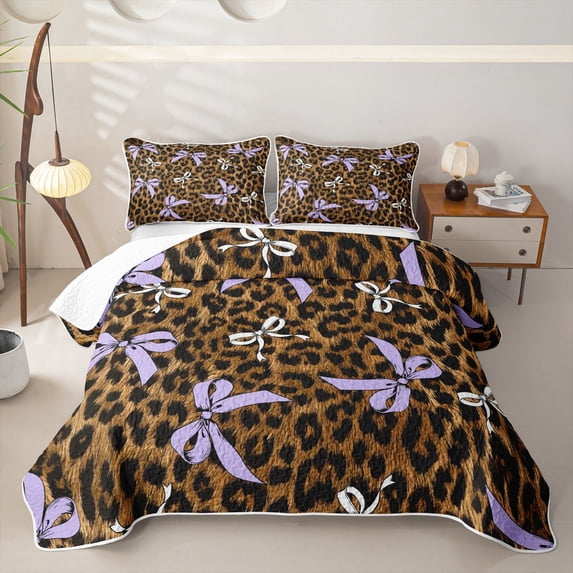 Manfei Purple Ribbon Bow Tie Twin Quilt Set for Girls Female,Teens Vintage Leopard Print Twin Coverlet Set