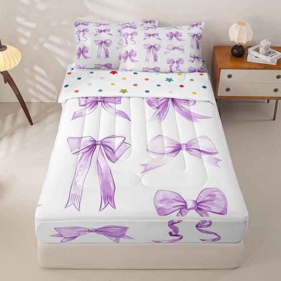 Manfei Purple Ribbon Bow Zipper Twin Comforter Sets with Fitted Sheet and 2 Pillowcases For Girls,Kawaii Dreamy Bowtie Pattern Zipper Bedding Set,Reversible,4 Pieces