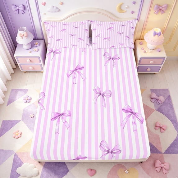 Manfei Purple Ribbon Bowknot Fitted Sheet Full,Minimalist Geometric Lines Bed Set,3 Pieces,1 Fitted Sheet and 2 Pillowcases