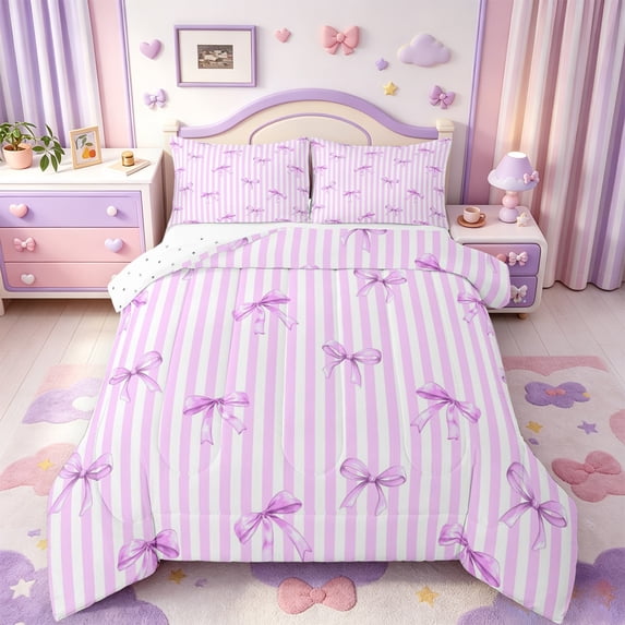 Manfei Purple Ribbon Bowknot Queen Comforter Set,Minimalist Geometric Lines Comforter Sets Queen,Reversible,3pcs,1 Comforter and 2 Pillowcases