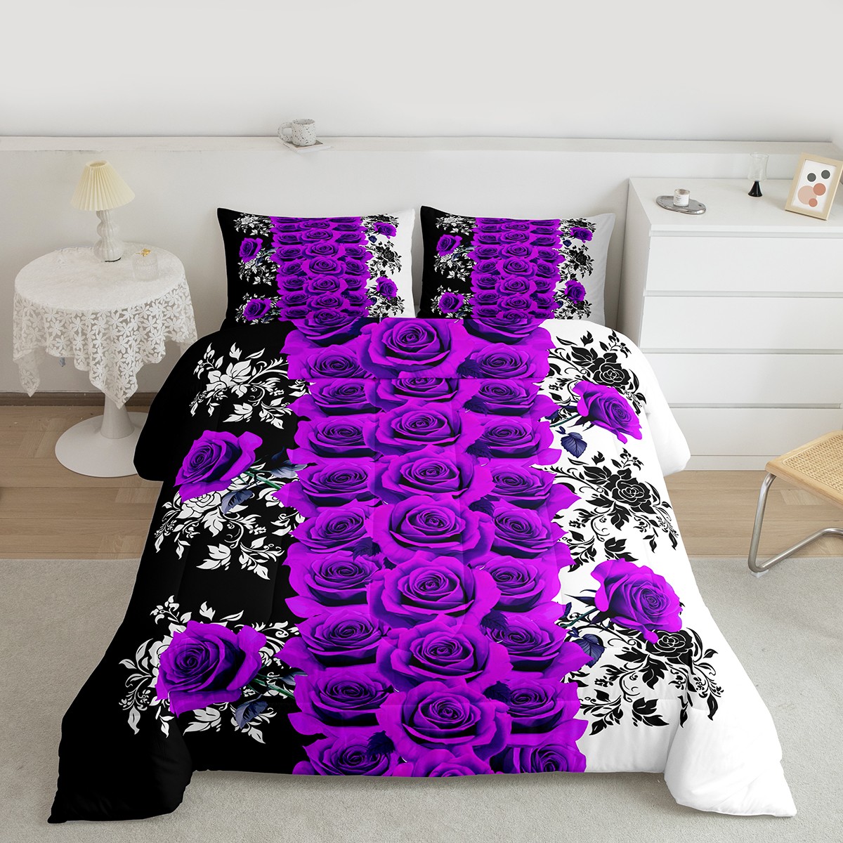 Manfei Purple Rose Bedding Comforter Set,Rustic Flower Floral Twin ...