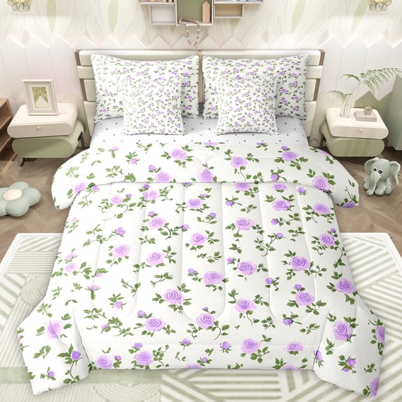 Manfei Purple Rose Floral Bedding Comforter Set 7pcs, Western French Style Queen Bedding Sets, Teens Kids Girls Queen Sheet Sets, Ultra Soft Bedroom Decor
