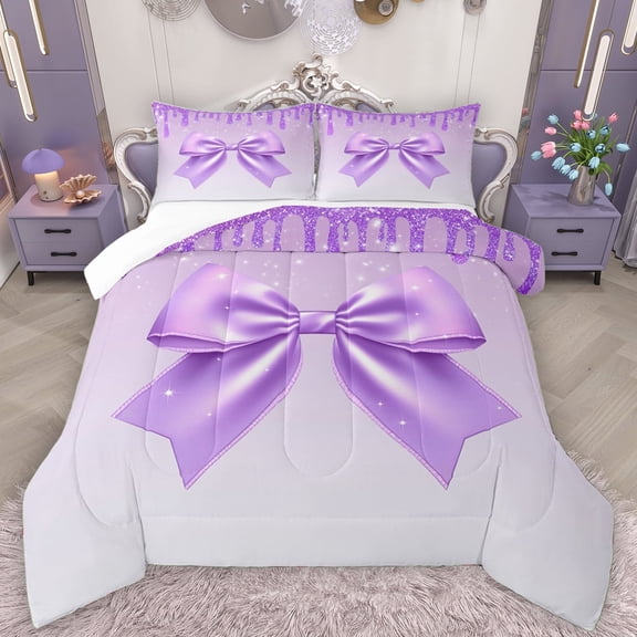 Manfei Purple Sequin Print Full Size Comforter Sets, Fashion Glitter Bowknot Bedding Comforter Set, Dreamy Ribbon Bow Bedding Sets, Microfiber Bedroom Decor, 3-Piece