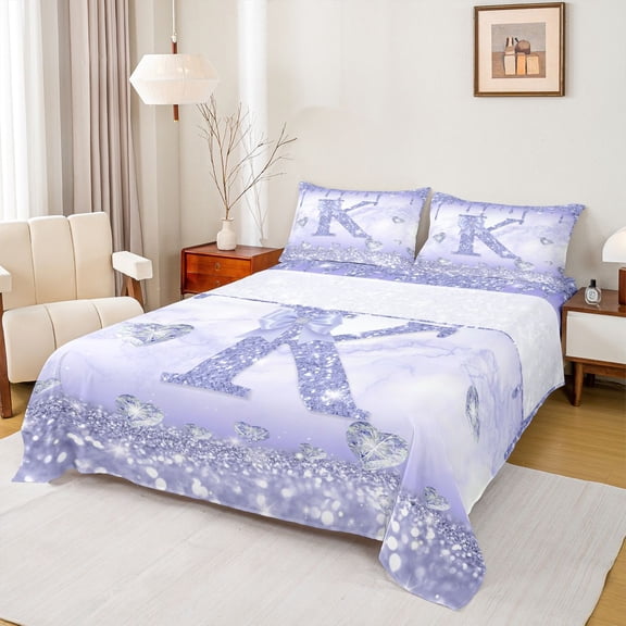 Homewish Purple Sequin Print K Twin Sheet Sets for Kids, Romantic Diamond Love Heart Twin Fitted Sheet, Fashion Mabrling Abstract Flat Sheet, Luxury Bedroom Decor, 3-Piece