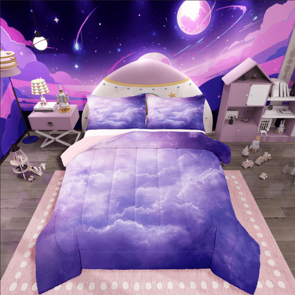Manfei Purple Sky 2pcs Bedding Comforter Set,Gradient Ombre Twin Comforter Sets,Dreamy Nebula Breathable Bedding Set,Breathable Universe Bedroom Decorative,Reversible