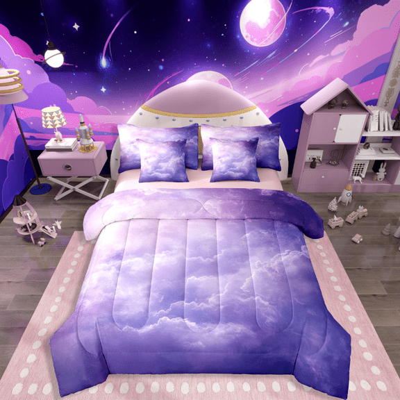 Manfei Purple Sky 7pcs Bedding Comforter Set,Gradient Ombre Queen Bedding Sets Super Cozy,Dreamy Nebula Queen Sheet Sets,Breathable Universe Bedroom Decorative,Reversible