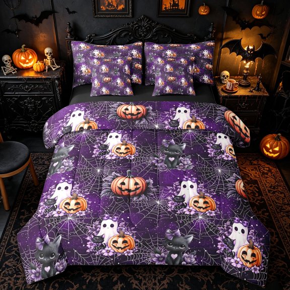 Manfei Purple Spooky Halloween Style Queen Bedding, Ghost Cat Spider Web Bedding Comforter Set Queen, Black Reversible, 7pcs