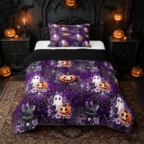Manfei Purple Spooky Halloween Style Twin Comforter Sets for Parties, Ghost Cat Spider Web Bedding Set, Black Reversible, 2pcs, 1 Comforter and 1 Pillowcase