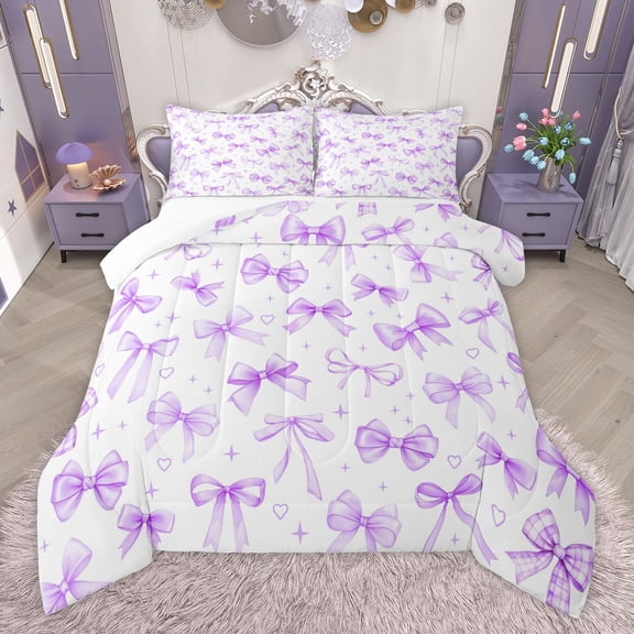 Manfei Purple Stars Bow Boy Girl 2pcs Bedding Comforter Set,Dreamy Princess Twin Comforter Sets,Stars Love Heart Print Breathable Bedding Set,Super Cozy Room Decor