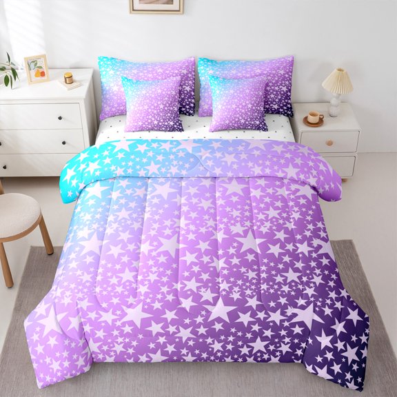 Manfei Purple Stars Kids Bedding Comforter Set 7pcs, Dreamy Cartoon Queen Bedding Sets, Mystic Starry Sky Reversible Queen Sheet Sets, Luxury Bedroom Decor