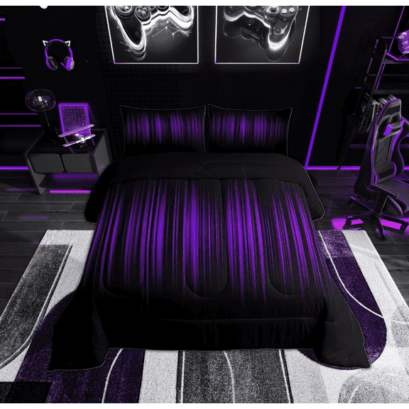 Manfei Purple Stripes Queen Comforter Set, Modenr Abstract Bedding Comforter Set, 3pcs