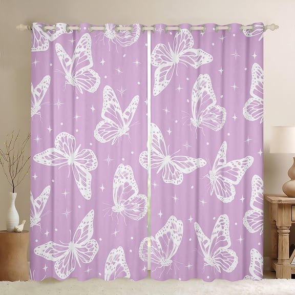 Manfei Purple White Butterfly Black Out Curtains for Girls, Animal Theme Curtains Pack of 2 (42x63 Each), Cartoon Wildlife Bedroom Curtains, Luxurious Room Decor